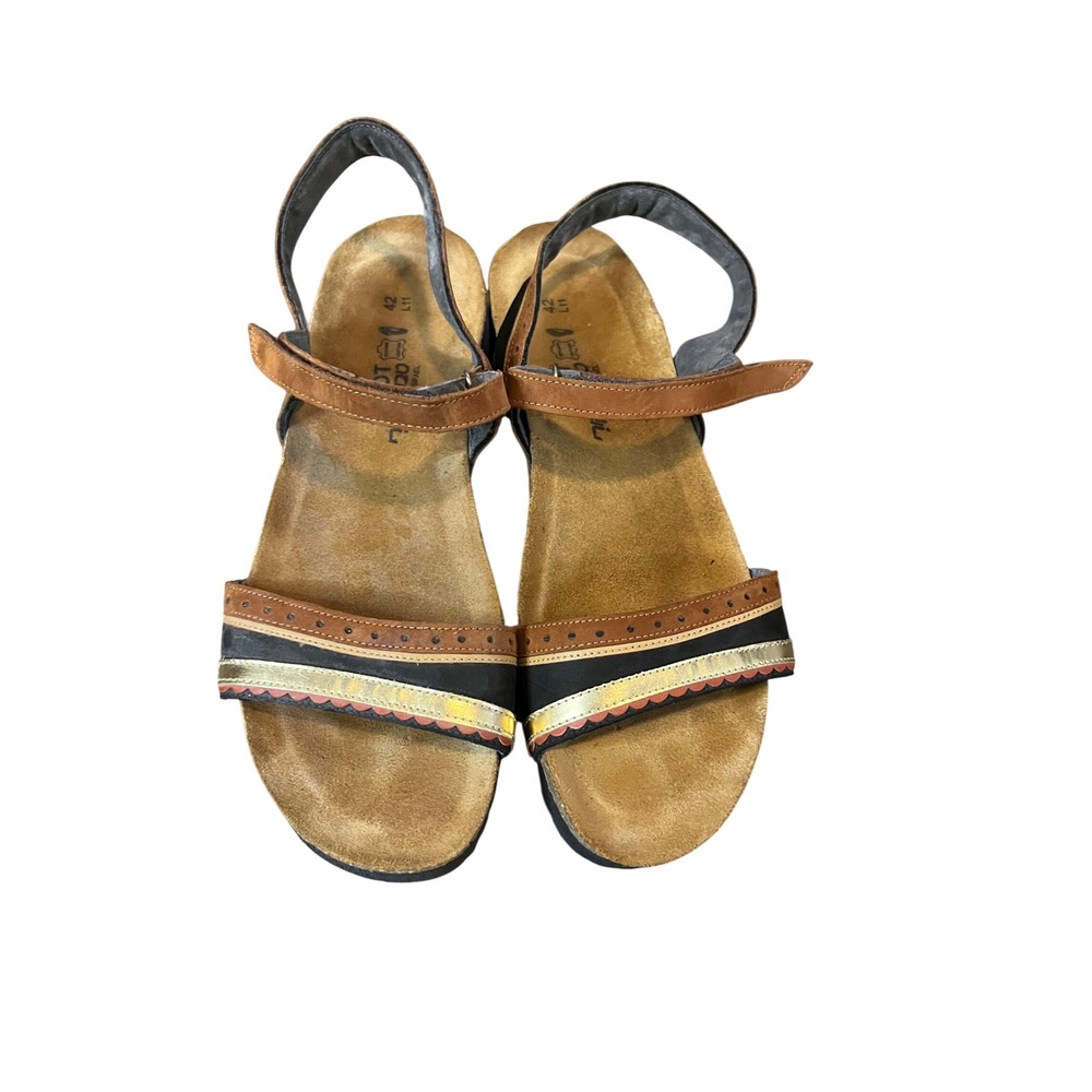 Naot Leather Platform Sandals Brown Black Gold Wedge Ankle Strap Women 42 L11